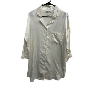 Carole Hochman Ivory Satin Button-Up Night Shirt Embroidered Details Sz Medium